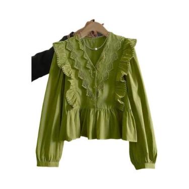 Imagem de Blusa Feminina Casual De Outono Em Cor Sólida Com Renda E Babados, Man