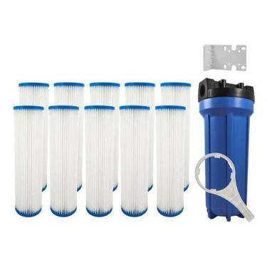 Imagem de Kit Filtro Caixa Água 10 Refil Plissado Lavável 5 Micras Azul - Royal 