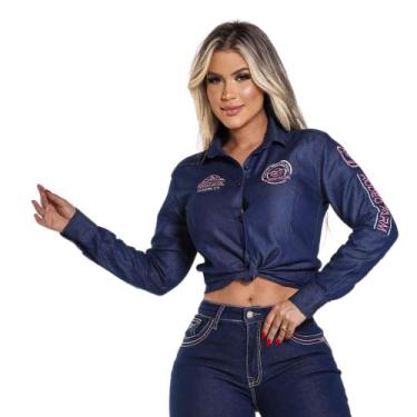 Imagem de Camisete Country Manga Longa PLUS SIZE Azul Marinho Bordada - Rodeo Fa