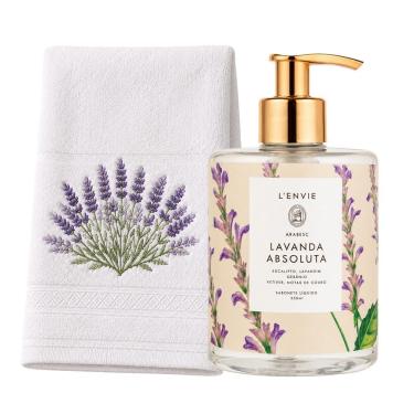 Imagem de Kit Presente Toalha Lavabo Bordada 48x30CM 100% Algodão Macia e Absorvente Branco com Sabonete Líquido Lavanda Absoluta