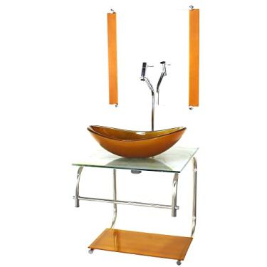 Imagem de GABINETE DE VIDRO CUBA OVAL 40CM INOX MARMORE BRANCO DOURADO COM TORNEIRA CROMADA