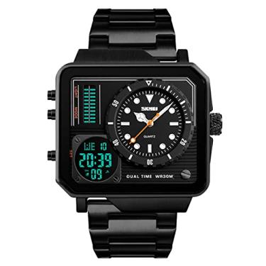 Imagem de SKMEI Relógio esportivo digital masculino, relógio de pulso analógico de quartzo com mostrador grande LED, cronômetro à prova d'água com vários fusos horários, Aço preto, 2*1.89*0.55 inch, Clássico