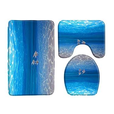 Imagem de Tapete de banho de água do mar do oceano azul tapete de banheiro conjunto de 3 peças fundo do mar animal peixe flanela antiderrapante almofada em forma de U conjuntos de decoração de banho de banheiro, 33637J, 400MMx600MM