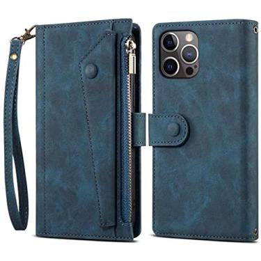 Imagem de Watchium Capa de telefone de imitação de couro, para Apple iPhone 13 Pro Max (2021) 6,7 polegadas Folio Stand Case Carteira com zíper [Porta-cartão] (Cor: Azul)