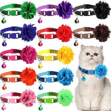 Imagem de Saintrygo Coleiras de gato de flor para gatos meninas 12 peças de colar com sino e 12 peças de flores multicoloridas removível ajustável flor gatinha para acessórios de cuidados de animais de estimação (Médio)