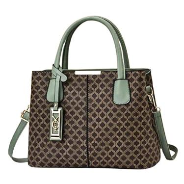 Imagem de Bolsa de mão clássica da moda para mulheres bolsa transversal de couro com alça superior xadrez grande bolsa com zíper, Verde