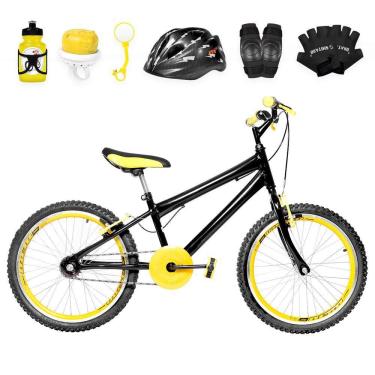 Imagem de Bicicleta Infantil Aro 20 + Kit Proteção Preta e Amarela