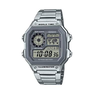 Imagem de Casio Relógio masculino de quartzo com bateria de 10 anos com pulseira de aço inoxidável, prata, 24,1 (modelo: AE-1200WHD-7AVCF), Prata, Esporte