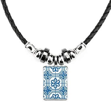 Imagem de DIYthinker Talavera Colar de Ilustração de Flor Estampa Azul Joia Torque Pingente de Corda de Couro