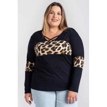 Imagem de Blusa Feminina Plus Size Manga Longa c/ Detalhe Decote X e Recorte Animal Print - Serena