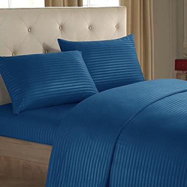 Imagem de Jogo de lençol de cama de 4 peças, lençóis listrados, sem rugas, resistente ao desbotamento fácil de cuidar, conjunto de colcha de poliéster macio de luxo, lavável, azul, 152 x 203 cm