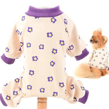 Imagem de SMALLLEE_LUCKY_STORE Pijama de algodão com flores para filhotes pequenos e médios gatos meninas roupas para animais de estimação pijama feminino macacão body interior suéter camisa com pernas para