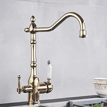 Imagem de Torneira dourada com filtro de cozinha, torneira de bronze com rotação 360, purificação, alça dupla, modo de água quente e fria, dourada