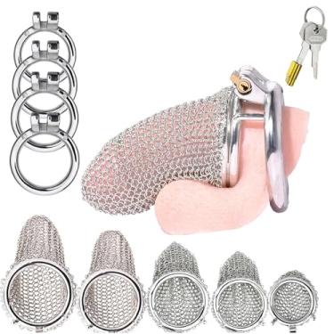 Imagem de MFMYEE Gaiola para pênis de aço inoxidável SM, gaiola para pênis de malha com 4 anéis penianos conjunto de dispositivos de castidade masculino, cinto de castidade para pênis de restrição BDSM Gaiola para galo, jogo de bondage para adultos brinquedo sexual (XL, Anel Redondo 40mm)