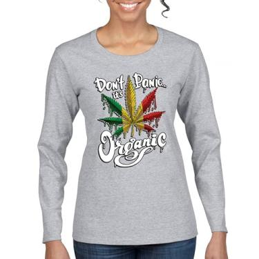 Imagem de Camiseta feminina de manga comprida Don't Panic It's Organic 420 Weed Pot Leaf Smoking Marijuana Legalize Cannabis Stoner Pothead, Cinza, M