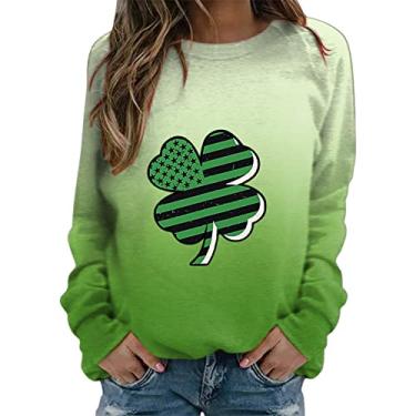 Imagem de Camisetas femininas do Dia de São Patrício de manga comprida verde trevo da sorte 2024 roupas modernas do dia de São Patrício, Bege, XXG