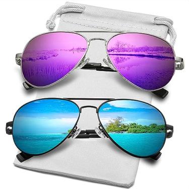 Imagem de AIEYEZO Óculos de sol polarizados aviador clássico para homens e mulheres, dobradiça de mola, armação de metal, proteção UV400, Pacote com 2 (espelho prata/roxo + espelhado preto/azul), MM