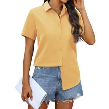 Imagem de siliteelon Camisas femininas de chiffon de botão de manga curta para mulheres, casuais, abotoadas, blusas, Amarelo, P
