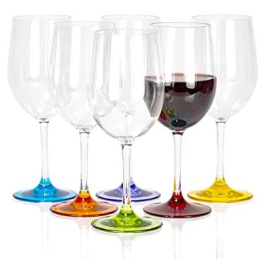 Imagem de Red Co. Conjunto de 6 taças de vinho clássicas de plástico transparente de 340 g com bases coloridas