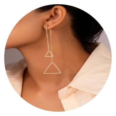 Imagem de Brinco Longo Corrente Triangular Feminino Dourado Elegante
