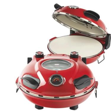 Imagem de Forno de pizza elétrico completo Italiano para cozinhar em casa com a família Vermelho 220v para assar pães e tortas com prato de cerâmica e Duplo controle de Temperatura superior e inferior 430c