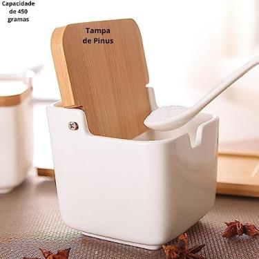 Imagem de Saleiro Porcelana de Mesa Branco Premium com Colher Capacidade de 450 gramas