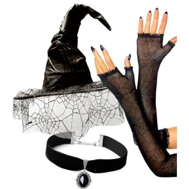 Imagem de OLYPHAN Black Witch Hat for Women Halloween with Whitch Costume Accessories - Spider Lace Gloves Arm Sleeves &Pendant Choker Witch Necklace