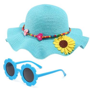 Imagem de Chapéu de palha para meninas com óculos de sol redondos de flor, chapéu de sol de palha de verão dobrável grande aba girassol laço praia infantil, 2-6 anos, Azul, 2-6 Years