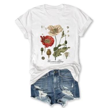 Imagem de Camiseta feminina com estampa de papoula vintage Memorial Day, gola redonda, manga curta, verão, 01 branco, P