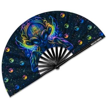 Imagem de Ravevibes Ventilador de mão dobrável grande de 33 cm, ventilador de bambu para festivais, ventiladores dobráveis com brilho UV Edm para rave roupas, acessórios, apresentação, dança, festa para homens