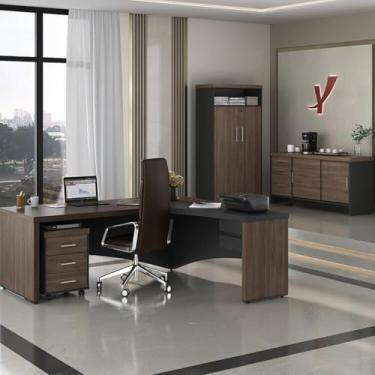 Imagem de Kit 5 Peças com Mesa para Escritório Diretor em Tamburato, Gaveteiro, Armário e Balcão Charuto/Preto