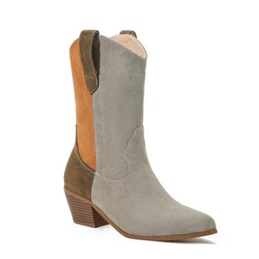 Imagem de Legou Botas de cowboy ocidentais, bico fino, salto grosso, bloqueio de cor, botas de cano médio femininas, Preto: cinza, 39.5