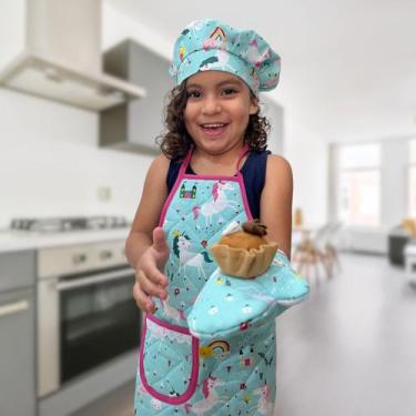 Imagem de Kit Avental Infantil com Touca e Luva Menina 3 Pçs UniReal - Recanto d