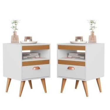 Imagem de Conjunto 2 Mesas de Cabeceira Sal Branco com Madeirado - Rede Móveis