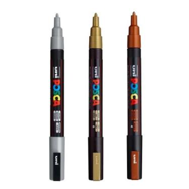 Imagem de Kit 3 Posca PC-3M Ouro, Prata, Bronze Traço: 0.9-1.3mm Uni - Uni-ball