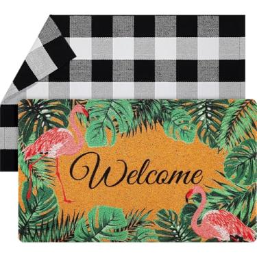 Imagem de Geelin 2 peças tapete de boas-vindas flamingo buffalo, xadrez, tapete de porta de flamingo, antiderrapante, preto e branco, capacho frontal de imitação de coco para entrada de casa e decoração de