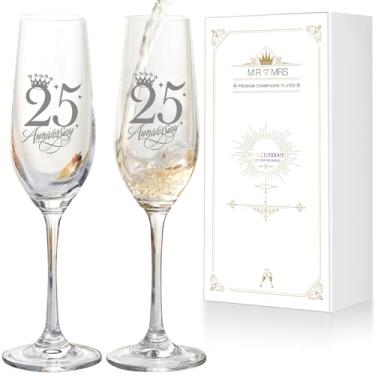 Imagem de iooiluxry Presentes de taças de champanhe para aniversário de 25 anos, decorações de 25 anos, conjunto de 2 taças de champanhe de cristal, presente de aniversário de casais
