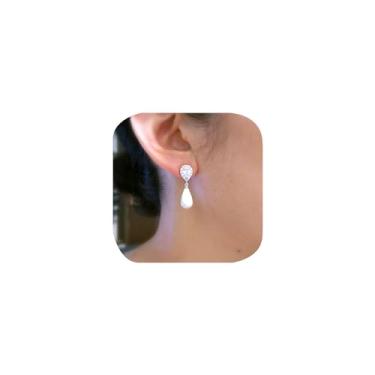 Imagem de FLYYQMIAO Brincos de casamento elegantes para noivas, damas de honra, zircônia cúbica, brincos pendentes de lágrima para mulheres, argolas formais, pérolas, brincos pendentes de formatura e mãe da