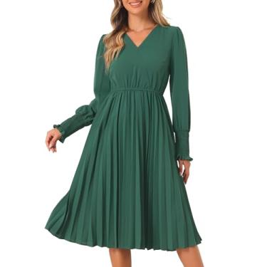 Imagem de Allegra K Vestidos casuais de chiffon para outono, gola V, manga comprida, rodado, midi plissado, Verde escuro, PP