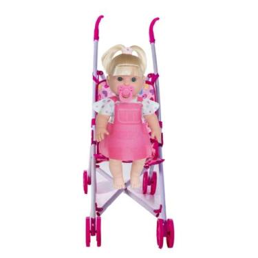 Imagem de Boneca Infantil Bebê Cabelo Loiro Danadinha e Carrinho Rosa - Milk Bri
