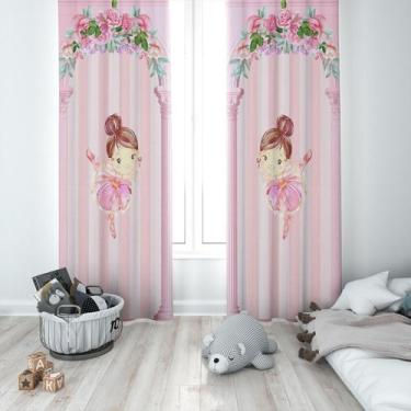Imagem de Cortina Tecido Oxford Quarto Infantil Bailarina Listras e Arco Rosa 28