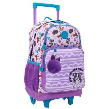 Imagem de Mochila Escolar Lilás Com Rodinhas Dogs Pets Com Pompom - Xeryus