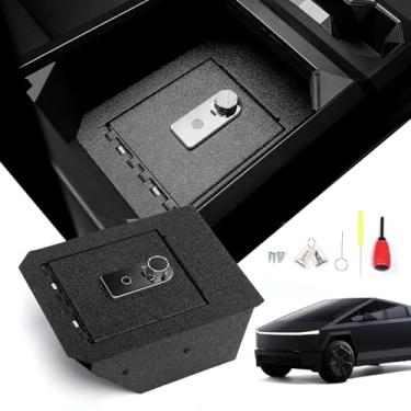 Imagem de MOPKIUTR Caixa de bloqueio de console central compatível com Tesla Cybertruck 2024, trava de apoio de braço com trava de impressão digital e chave sobressalente, armazenamento de console de