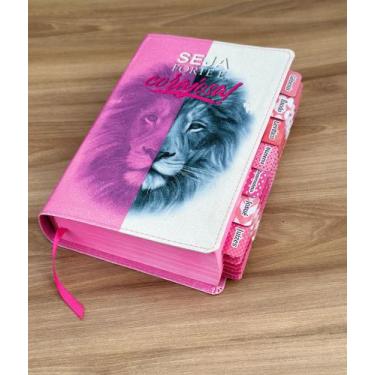 Imagem de Bíblia Glitter 100% leão Faces Rosa com abas já coladas com harpa - AR