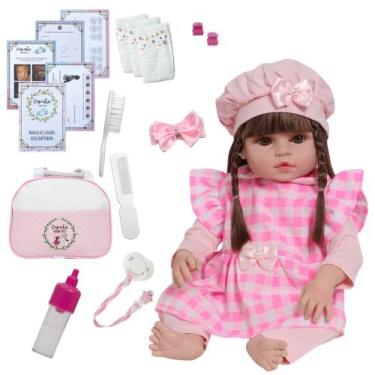 Imagem de Bebe Reborn Realista Menina Conjunto Xadrez Rosa 46cm - Cegonha Reborn