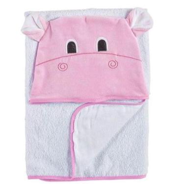 Imagem de Toalha Infantil com Capuz Bichos Hipopótamo Rosa - 01 Peça - Happy Bab