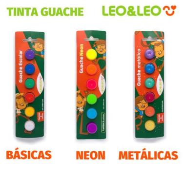 Imagem de Tinta Guache Escolar Kit c/ 6 Cores BásicasTradicionais, Neon ou Metál