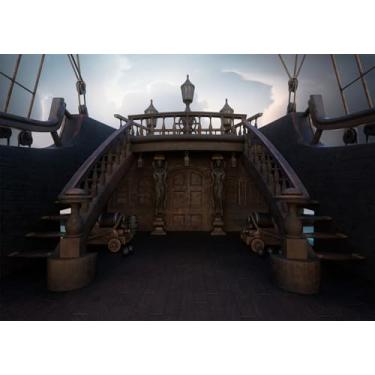 Imagem de Loccor Tecido de 3 x 2,4 m Antigo Navio Pirata Pano de Fundo Vintage Veleiro Madeira Cabine Porta e Degraus Fotografia Fundo Tema de Halloween Pirata Decorações de Festa Crianças Adultos Adereços