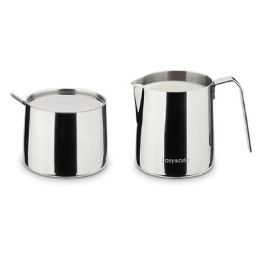 Imagem de Easyworkz Conjunto de açucareiro e cremeira de aço inoxidável, com colher e bico antigotejamento, design empilhável, cromado