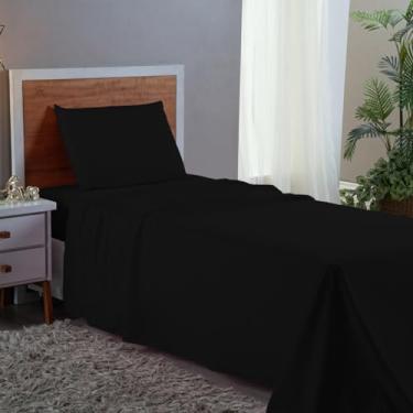 Imagem de Jogo de Cama Box Solteiro 400 Fios Extra Macio Hotel Pousada 3 Peças Conjunto Lençol com Elástico (Preto)